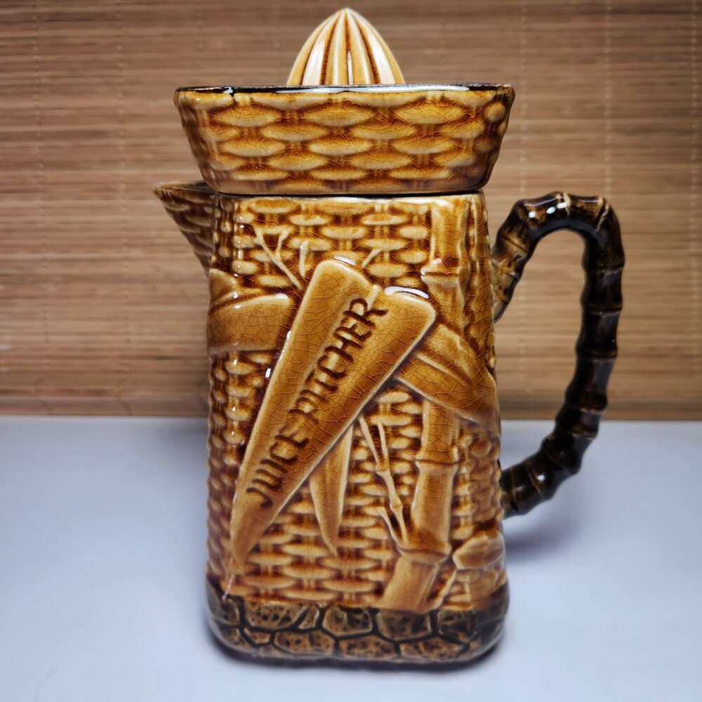Vintage Japan Ceramic Juice Pitcher Reamer Lid Bamboo Basketweave MCM Tiki Decor